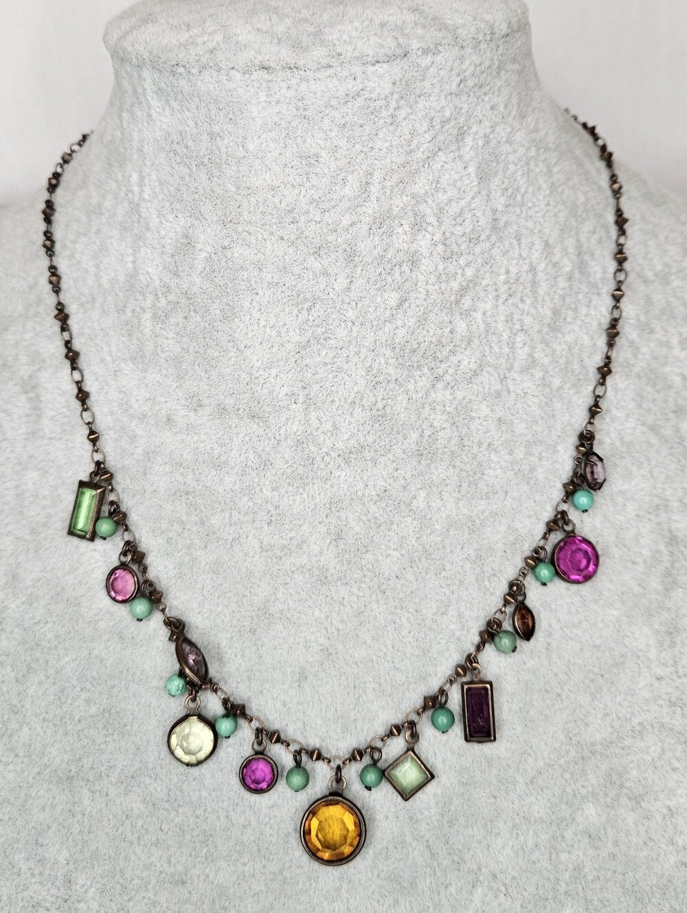 Liz Palacios SF Vintage Multi Color Crystal Drop Necklace Antique Bronze 16.5"
